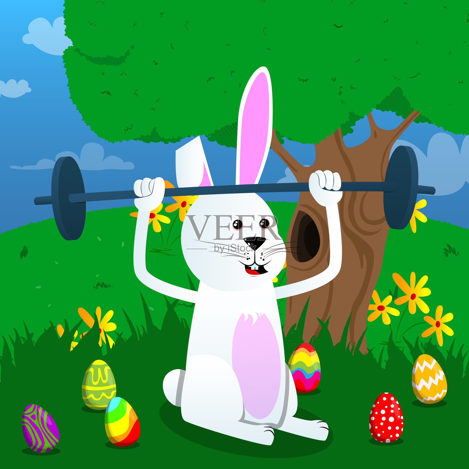 复活节兔子举杠铃。插画图片素材