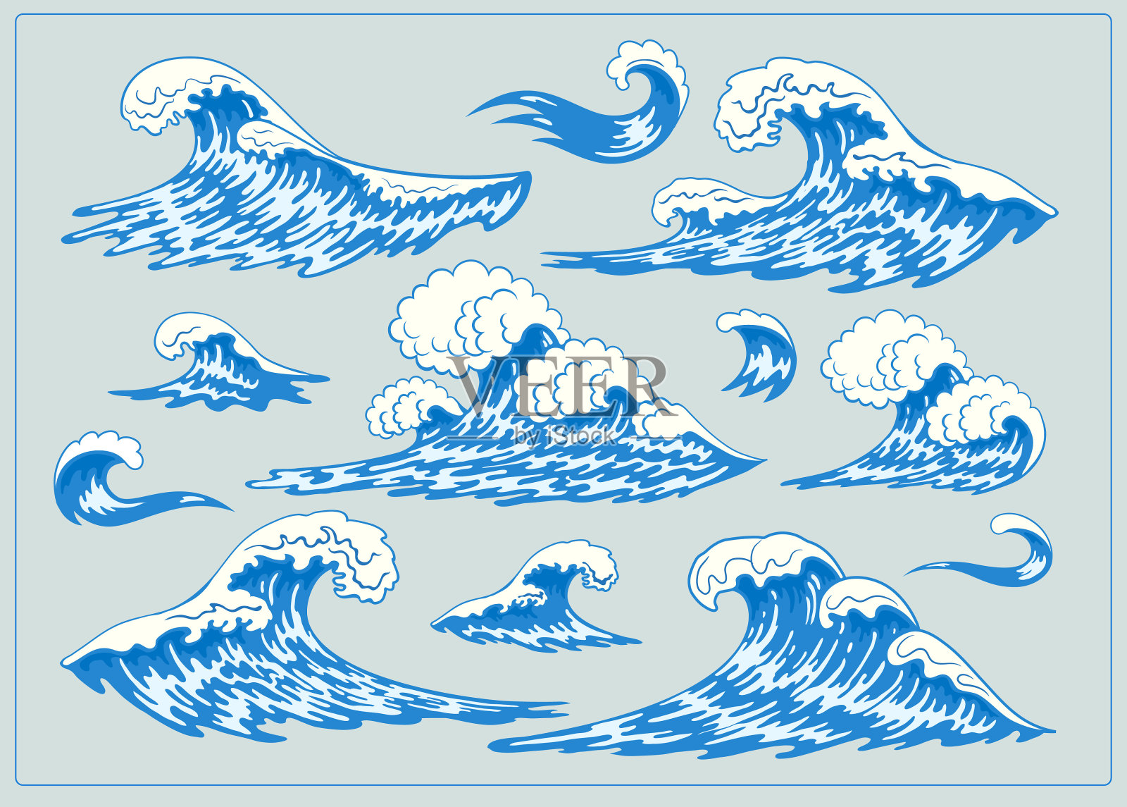 海浪。设计集。手绘。矢量复古插画在日本风格插画图片素材