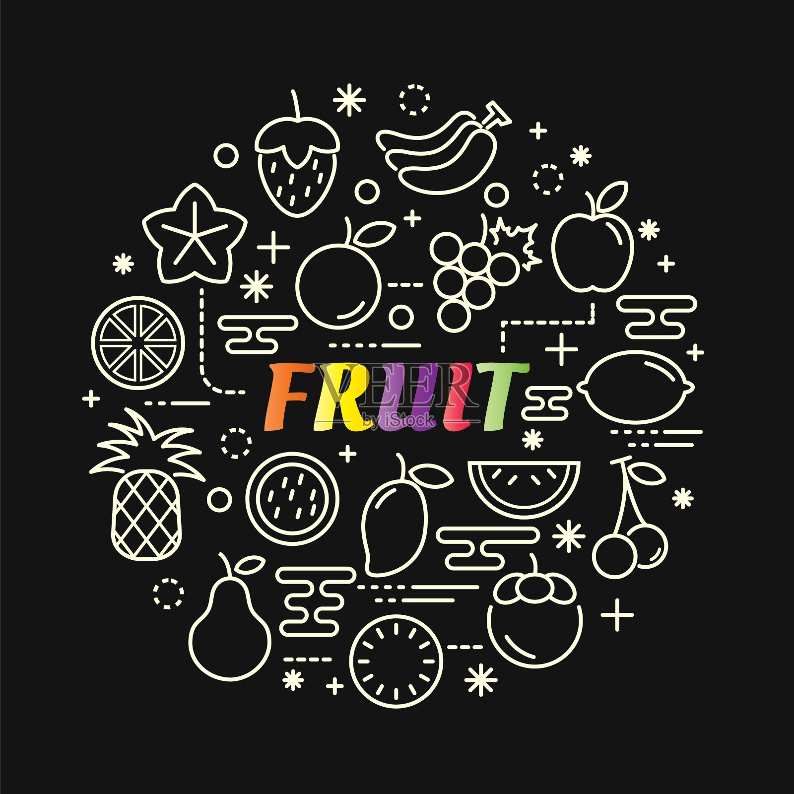 水果彩色渐变与线条图标设置插画图片素材