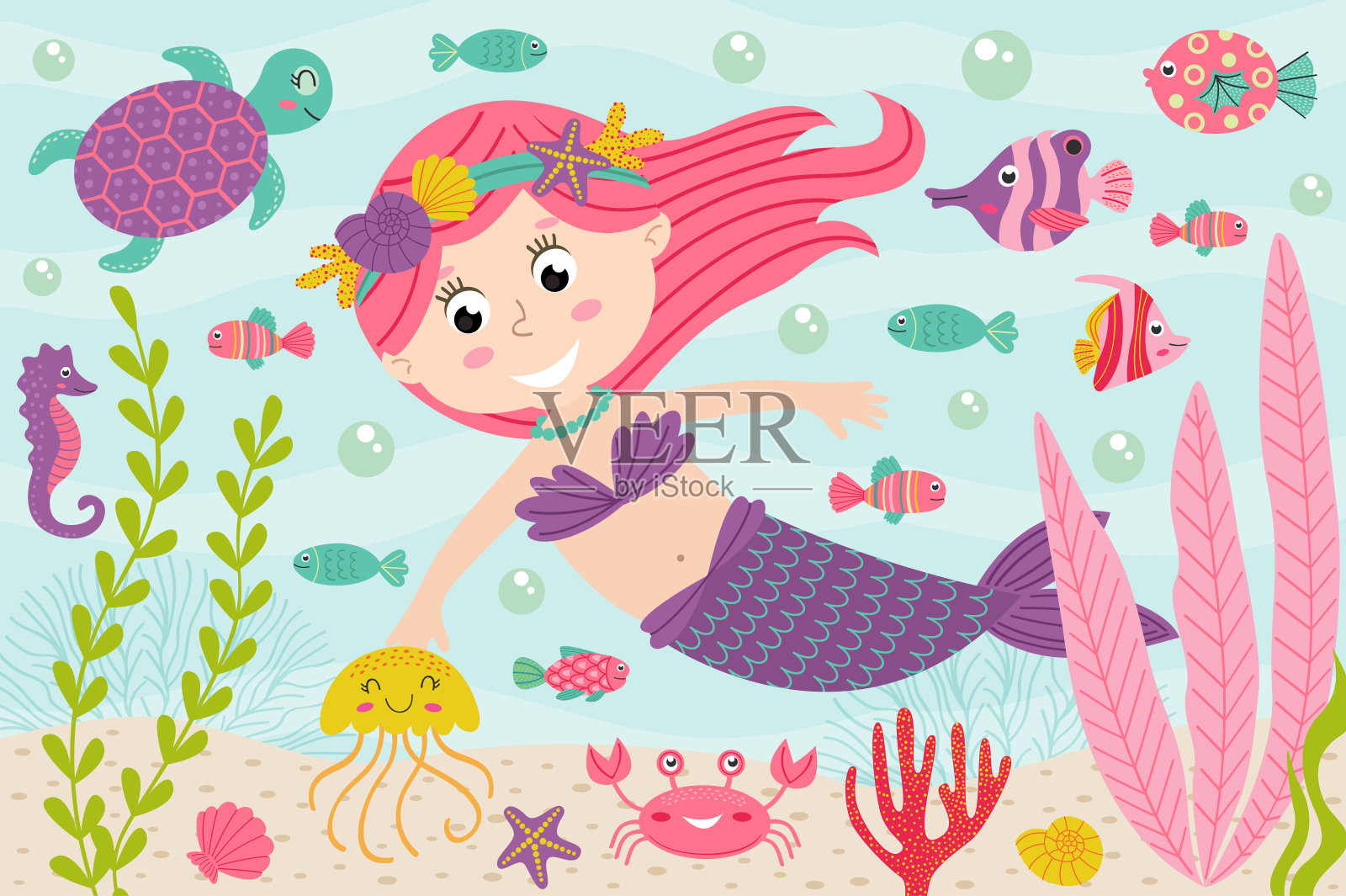 美人鱼和海里的动物在水下插画图片素材