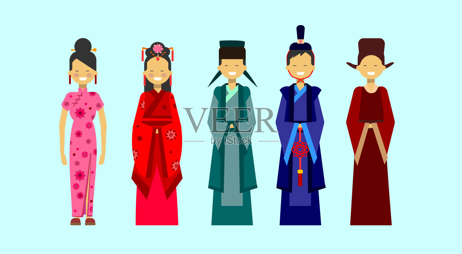 一套亚洲服饰，民族传统服饰理念插画图片素材
