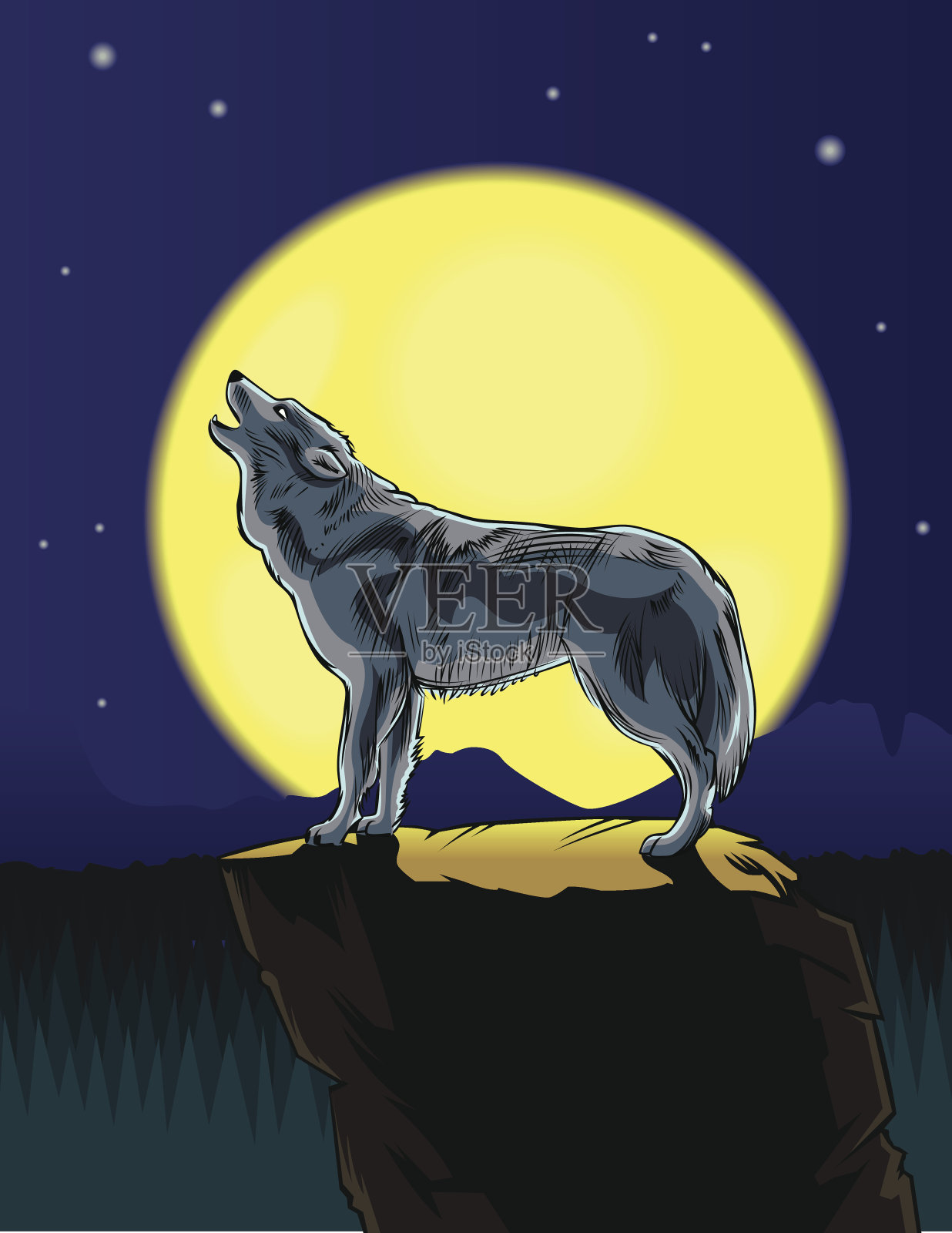 狼对着月亮嚎叫插画图片素材