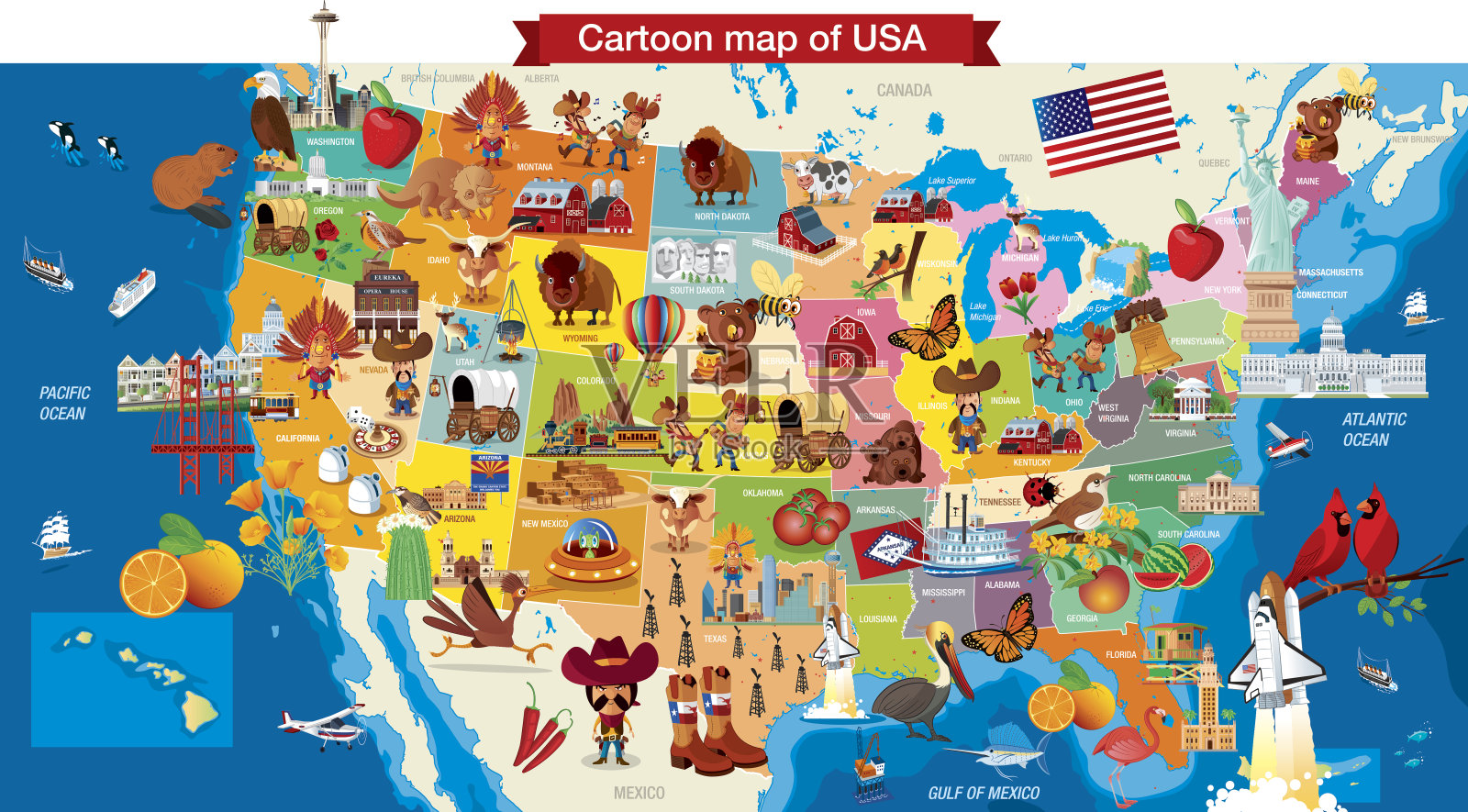 美国卡通地图插画图片素材