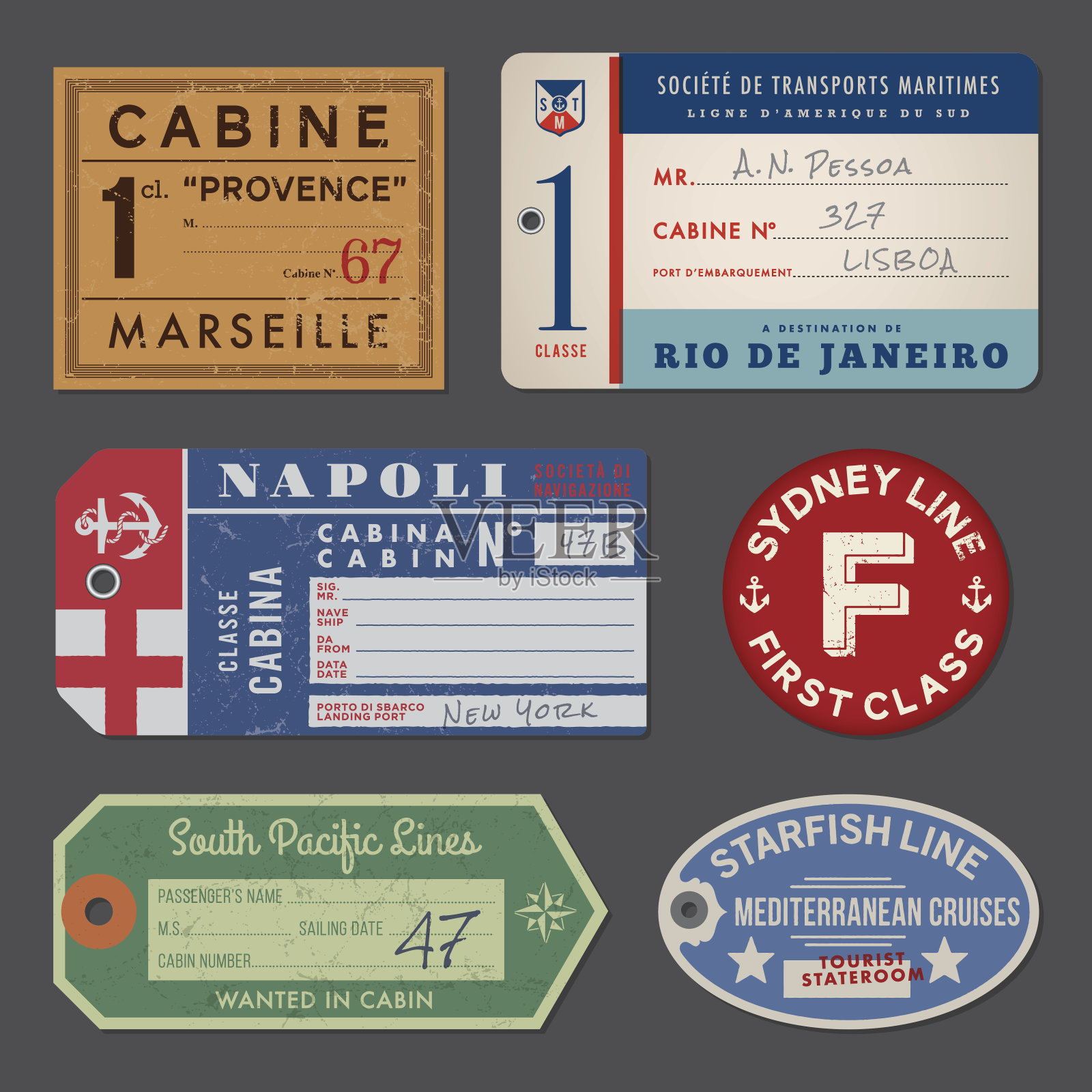 老式蒸汽船行李标签和标签插画图片素材