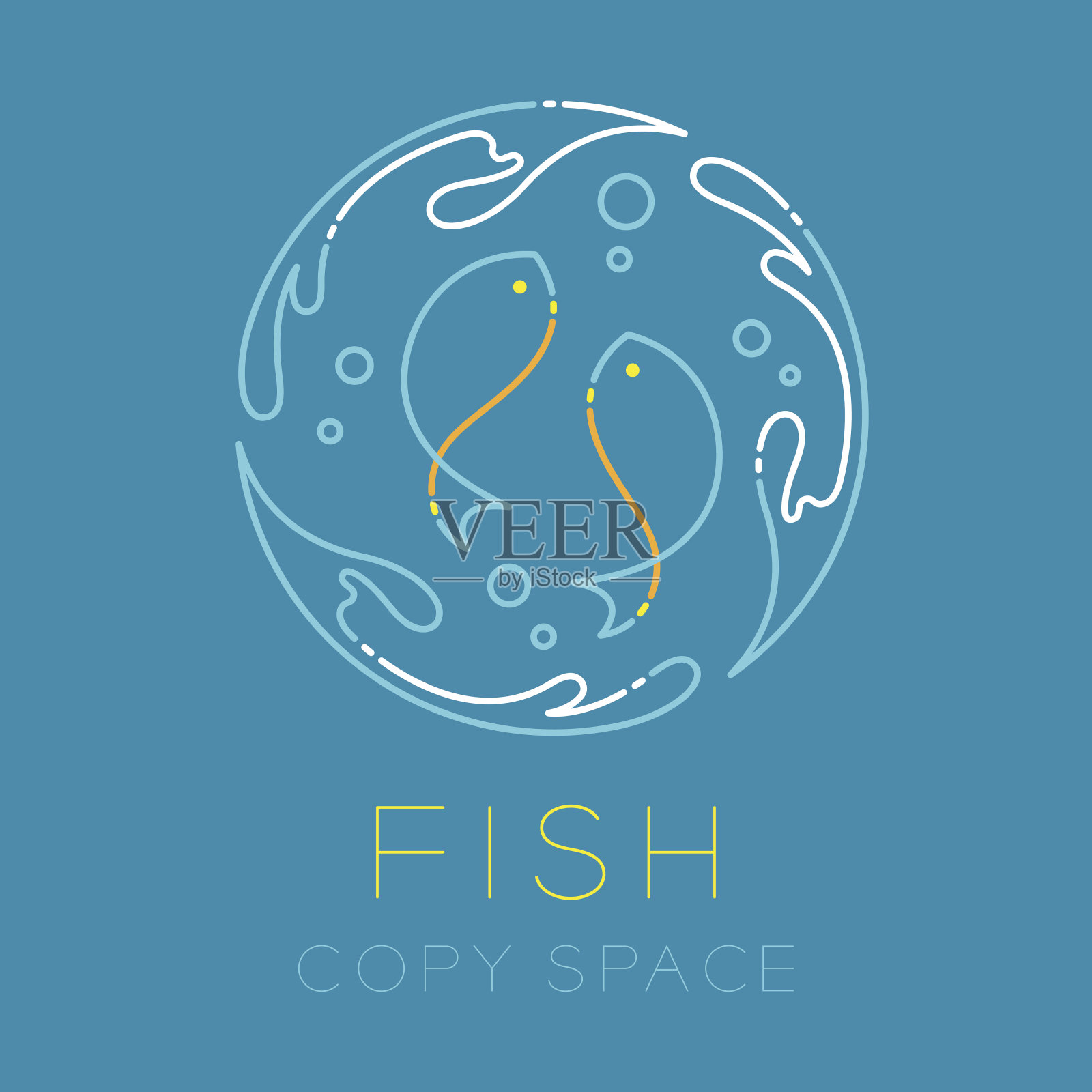双鱼或双鱼，水飞溅圆形和气泡图标图标轮廓描边设置虚线设计插图孤立在蓝色背景与鱼文本和复制空间插画图片素材