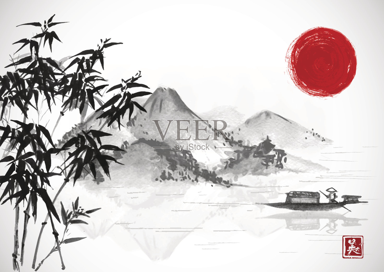 渔船，红日，岛与山。传统的东方水墨画粟娥、月仙、围棋。包含象形文字-美丽。插画图片素材
