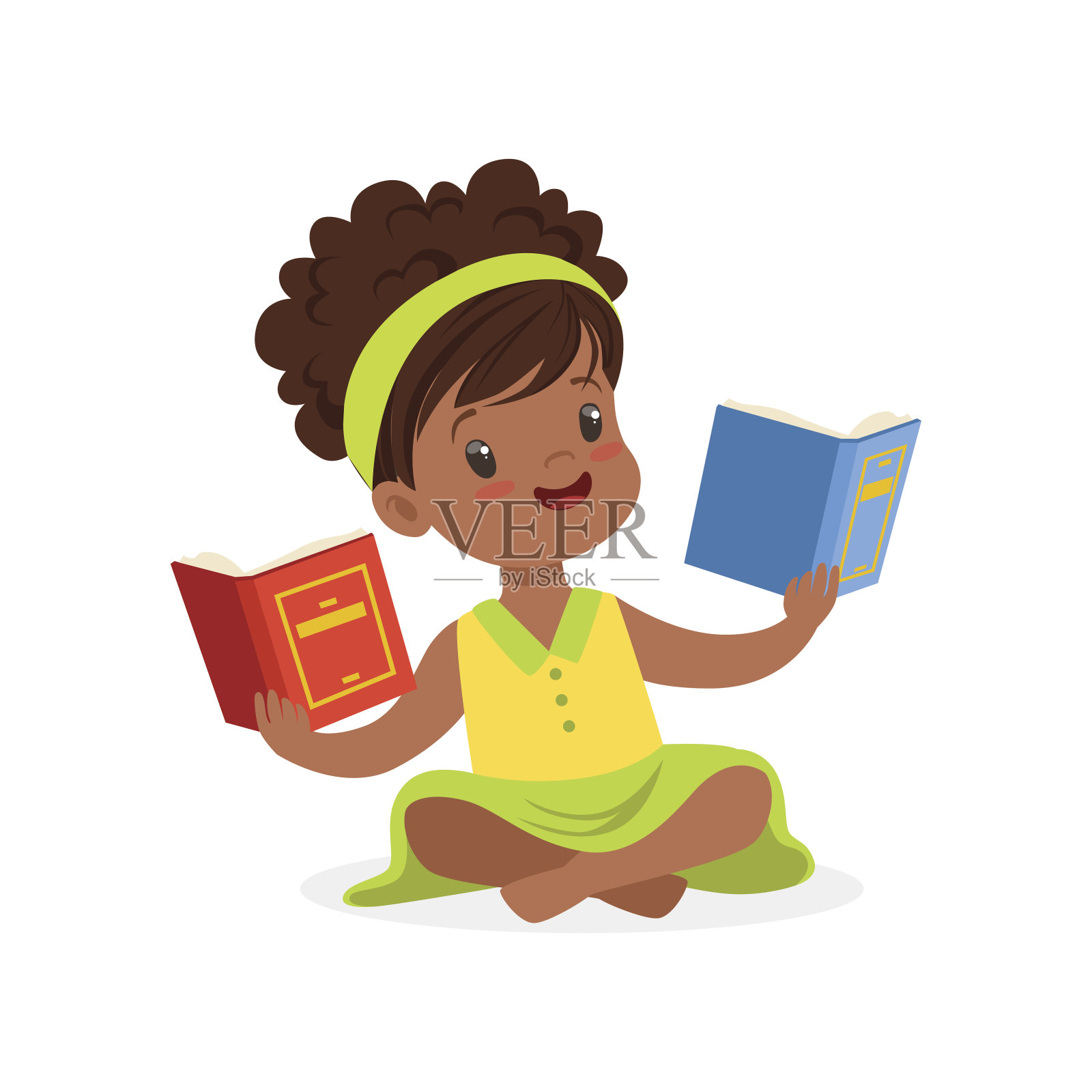 黑漂亮的女孩坐在地板上看书，孩子津津有味地读着书，彩色的人物矢量插画设计元素图片