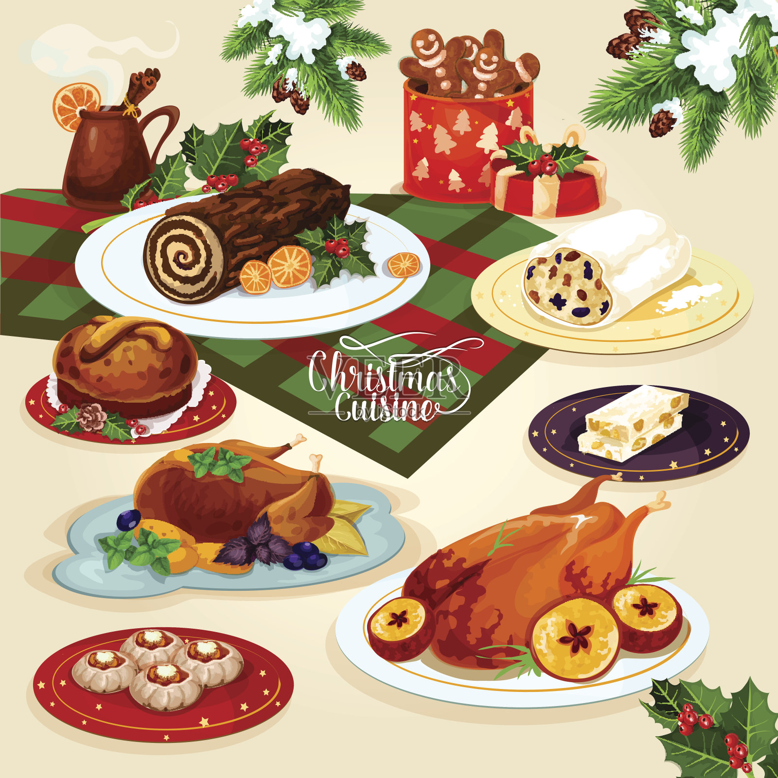 圣诞美食晚餐为节日菜单设计插画图片素材