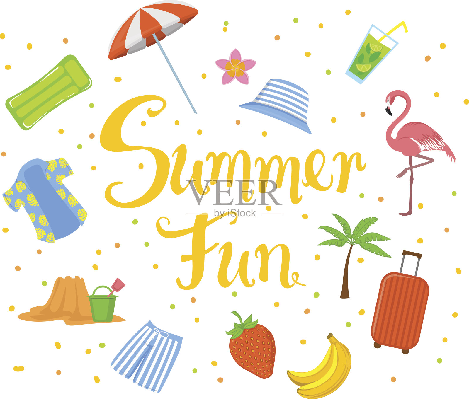 夏日有趣的手写夏日海滩背景香蕉，草莓，曼夏威夷衬衫和旅行箱，手提箱，棕榈树，游泳床垫，莫吉托鸡尾酒，鸡蛋花热带花，雨伞和火烈鸟插画图片素材
