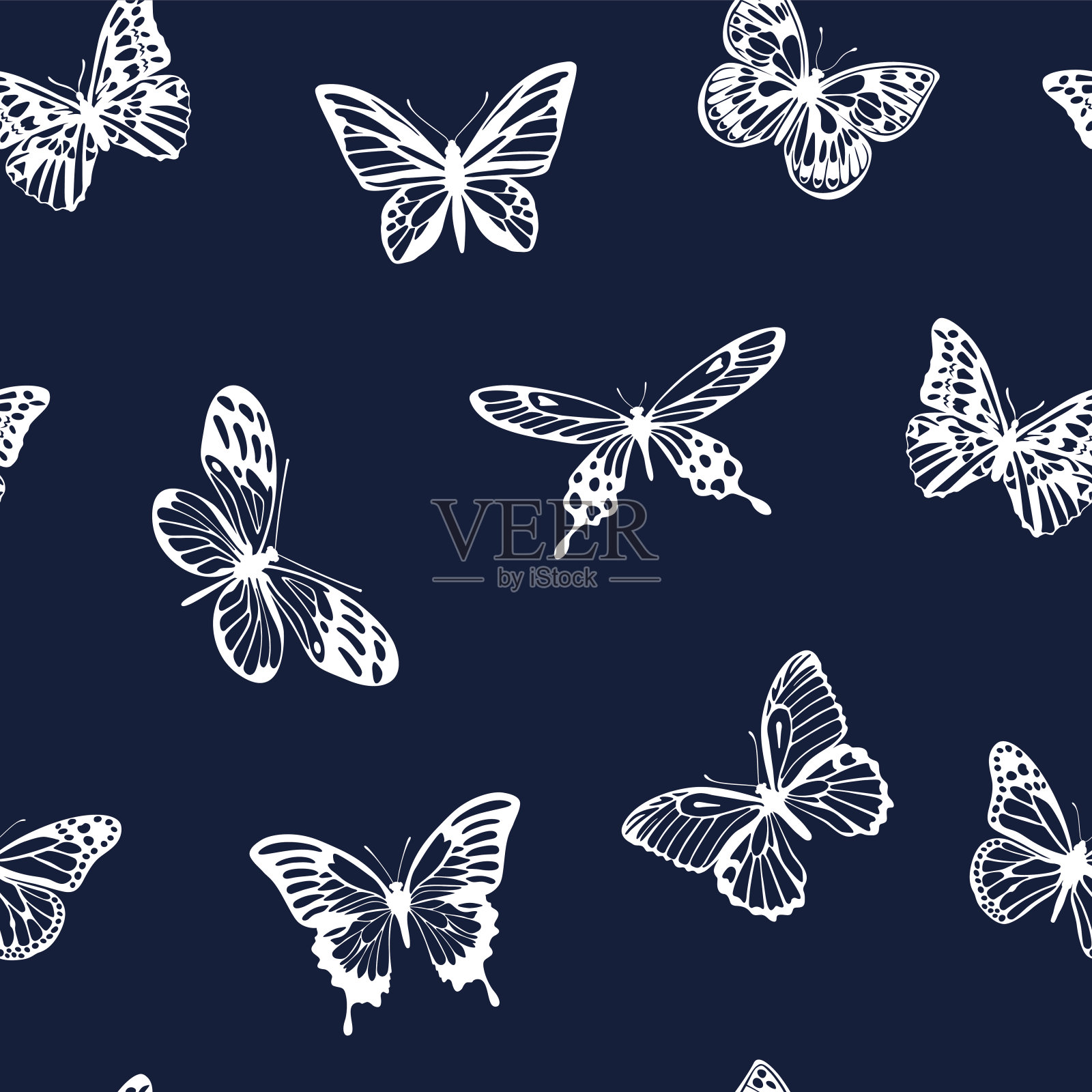 图案与白色轮廓的蝴蝶在蓝色的背景。向量。插画图片素材