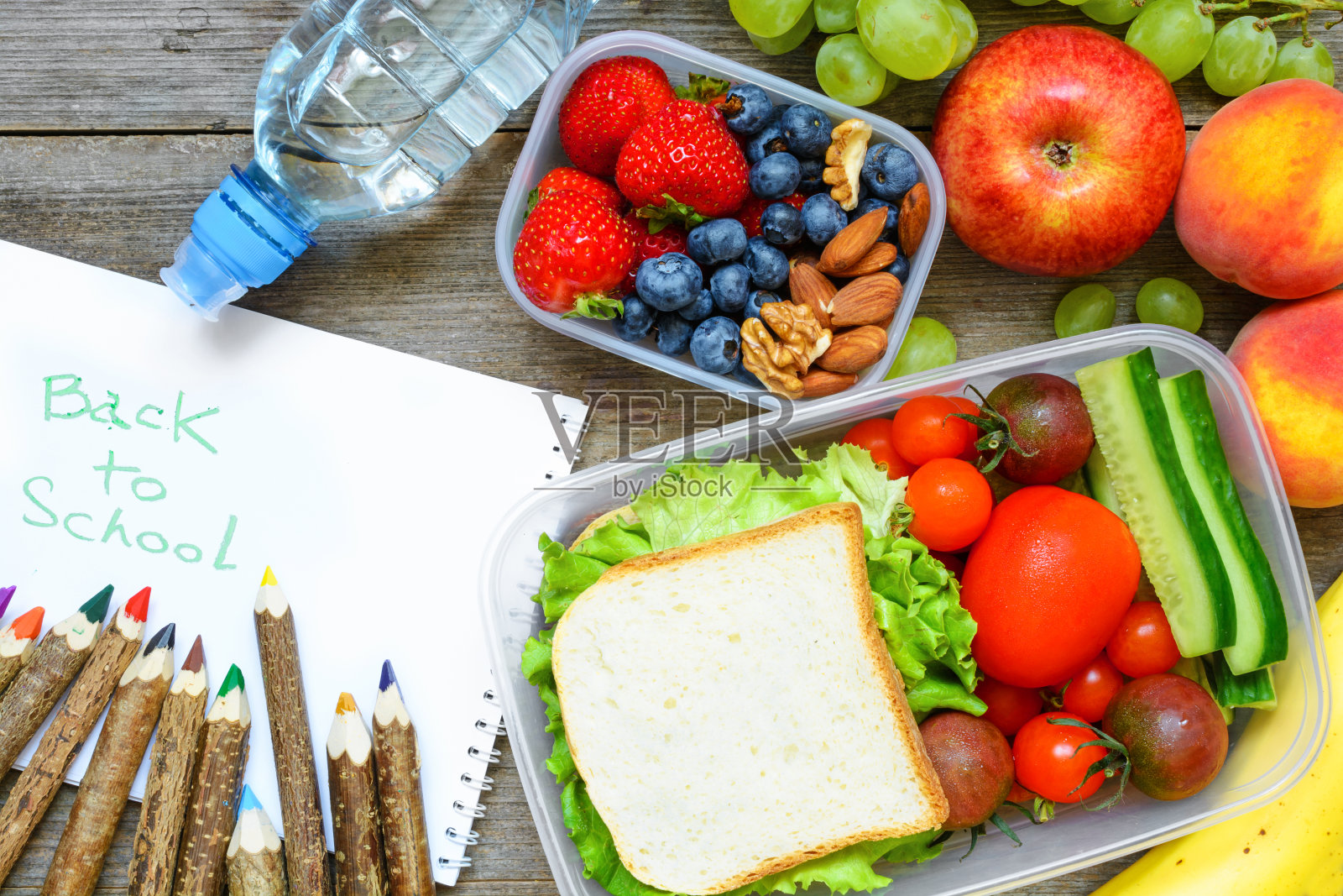 学校午餐盒里有三明治、水果、蔬菜和瓶装水，还有彩色铅笔和回学校的题字。照片摄影图片