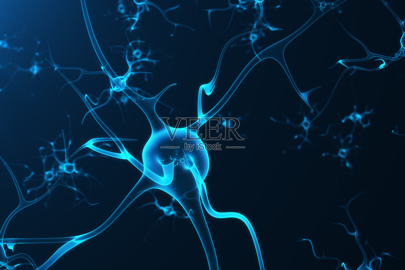 带有发光连接节的神经元细胞的概念性图解。突触和神经元细胞发送化学电信号。用电脉冲连接神经元的神经元，3D渲染照片摄影图片