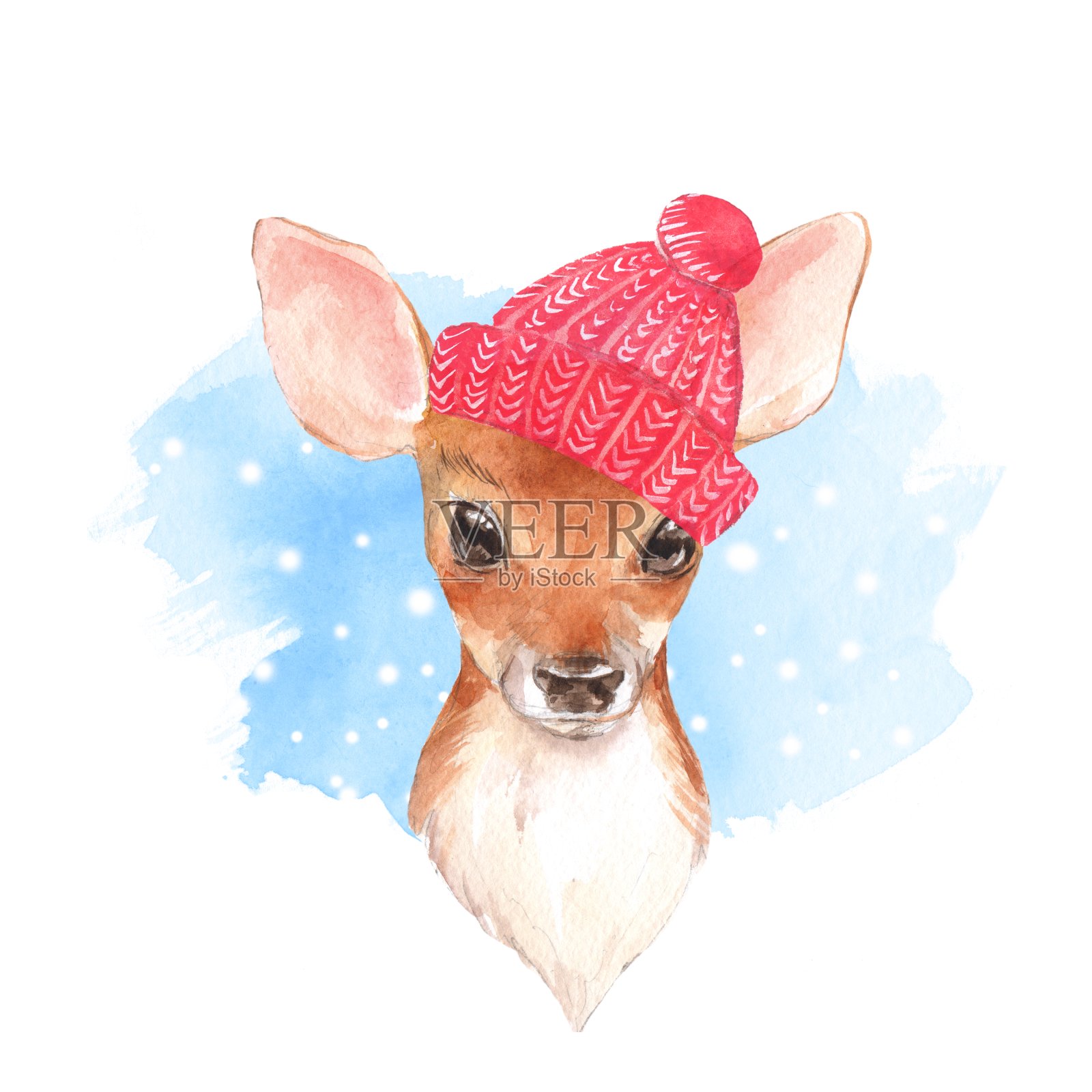 戴着红帽子的小鹿。水彩插图插画图片素材