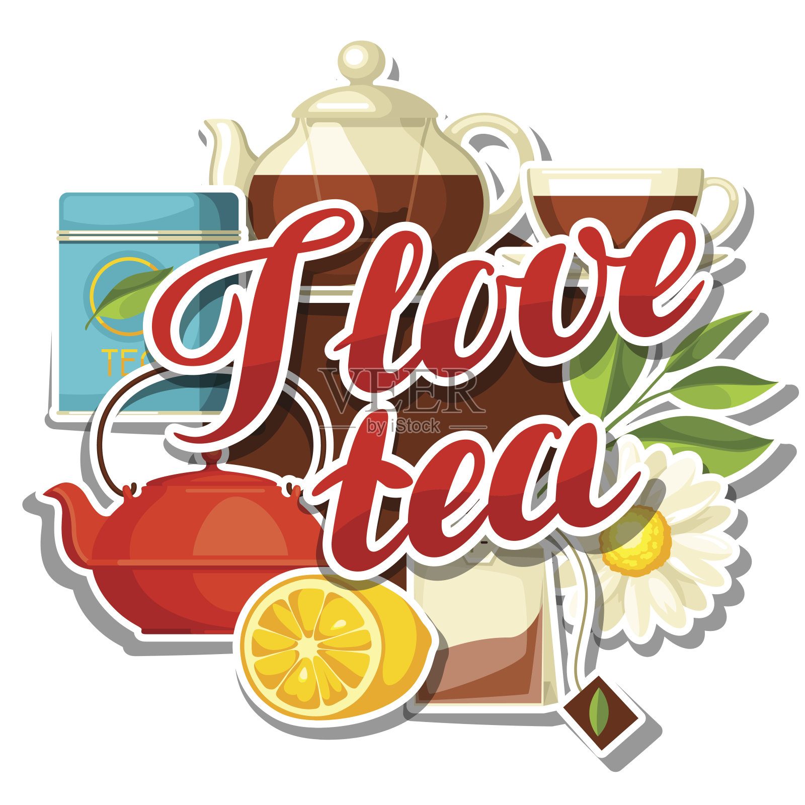 我喜欢茶。背景与茶和配件，包和水壶插画图片素材