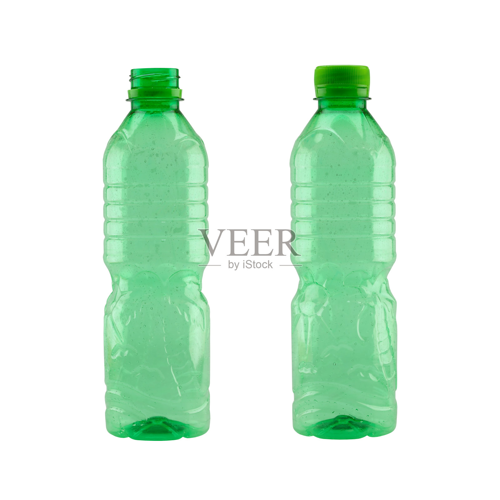绿色塑料瓶隔离在白色背景和剪辑路径，便于部署。照片摄影图片