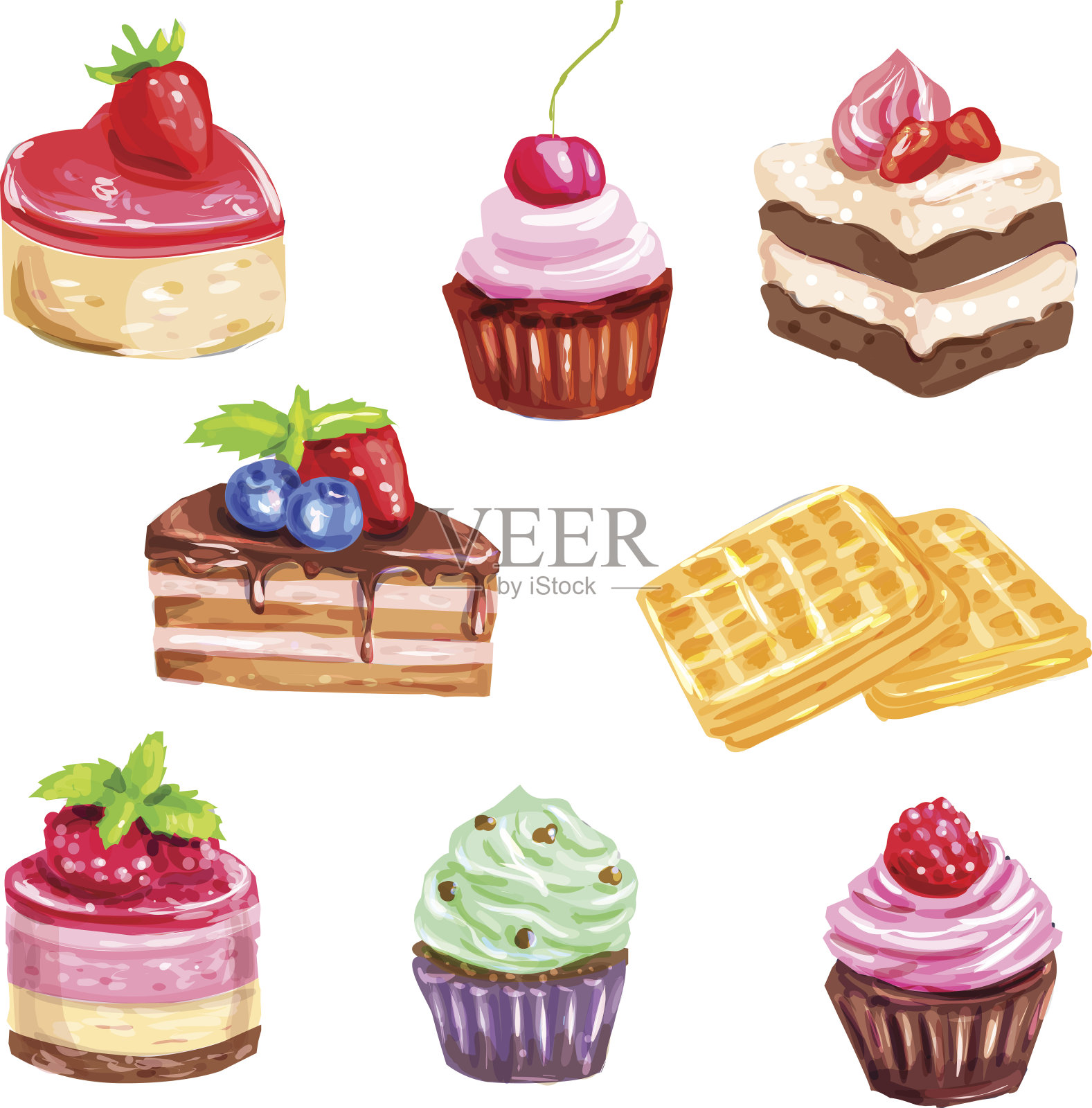 蛋糕和糕点一套水彩甜点设计元素图片