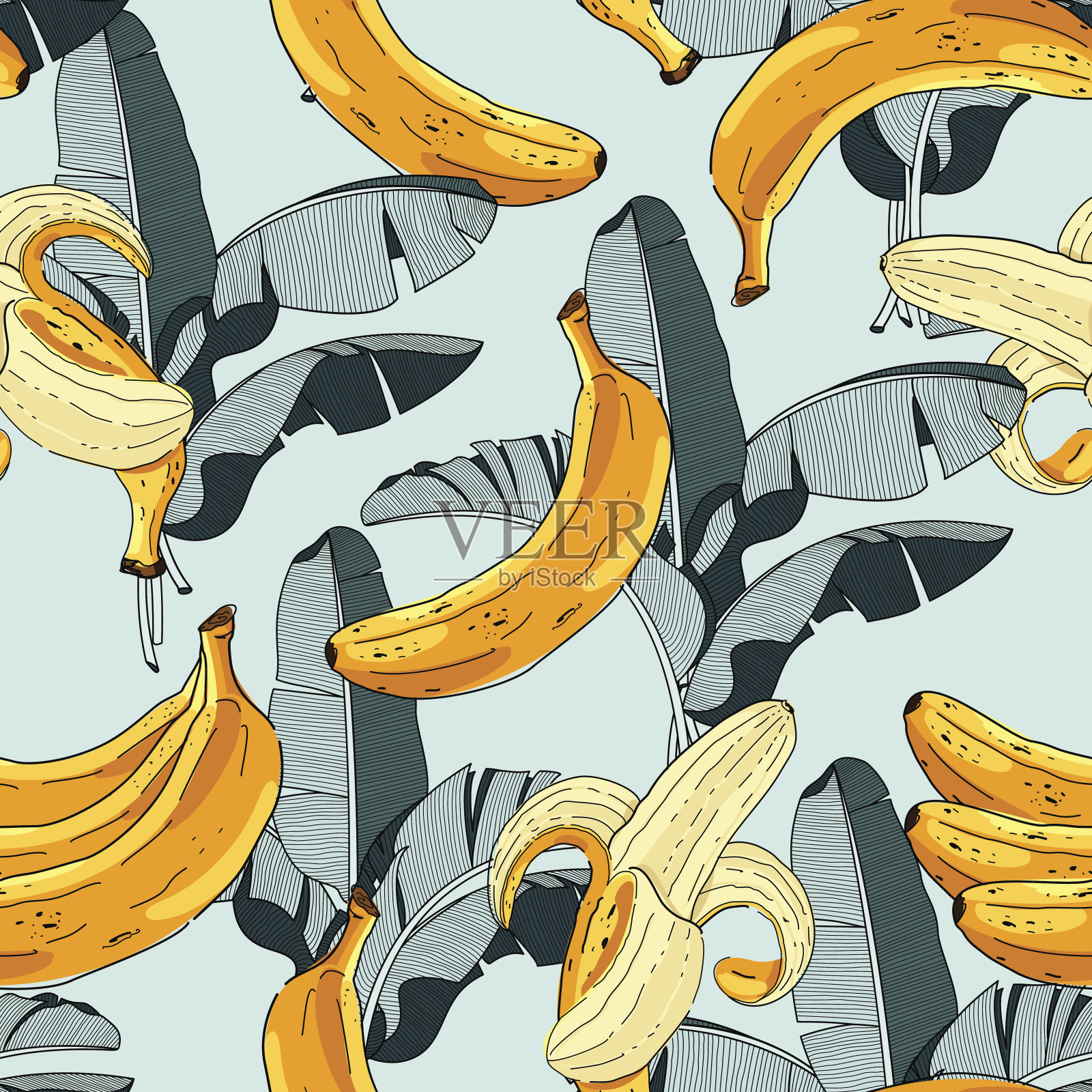 无缝模式与热带棕榈叶和香蕉。矢量插图。插画图片素材