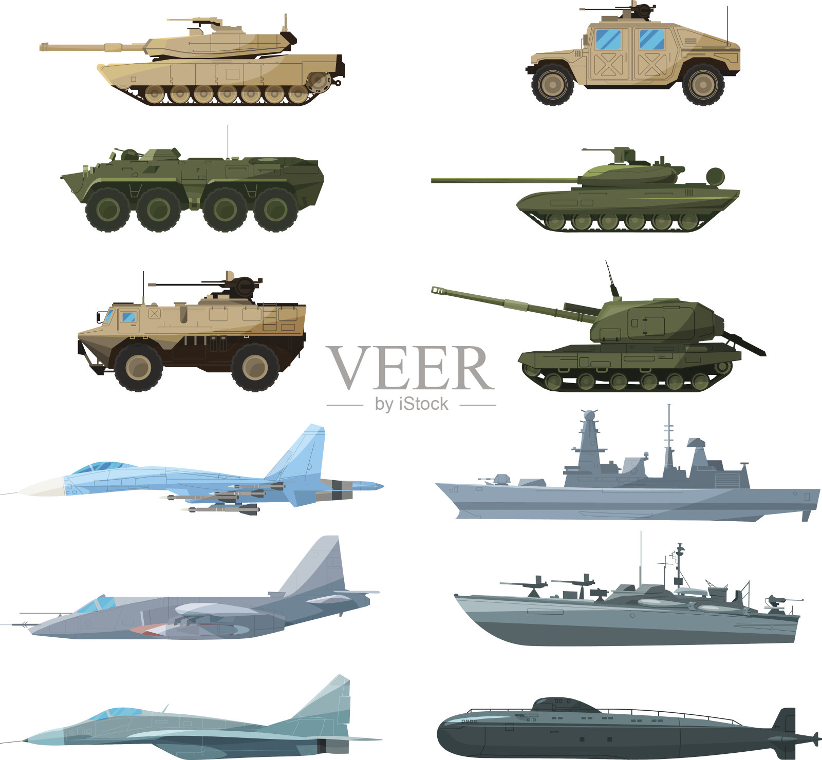 海军车辆，飞机和不同的军舰。火炮、主战坦克和潜艇的插图设计元素图片