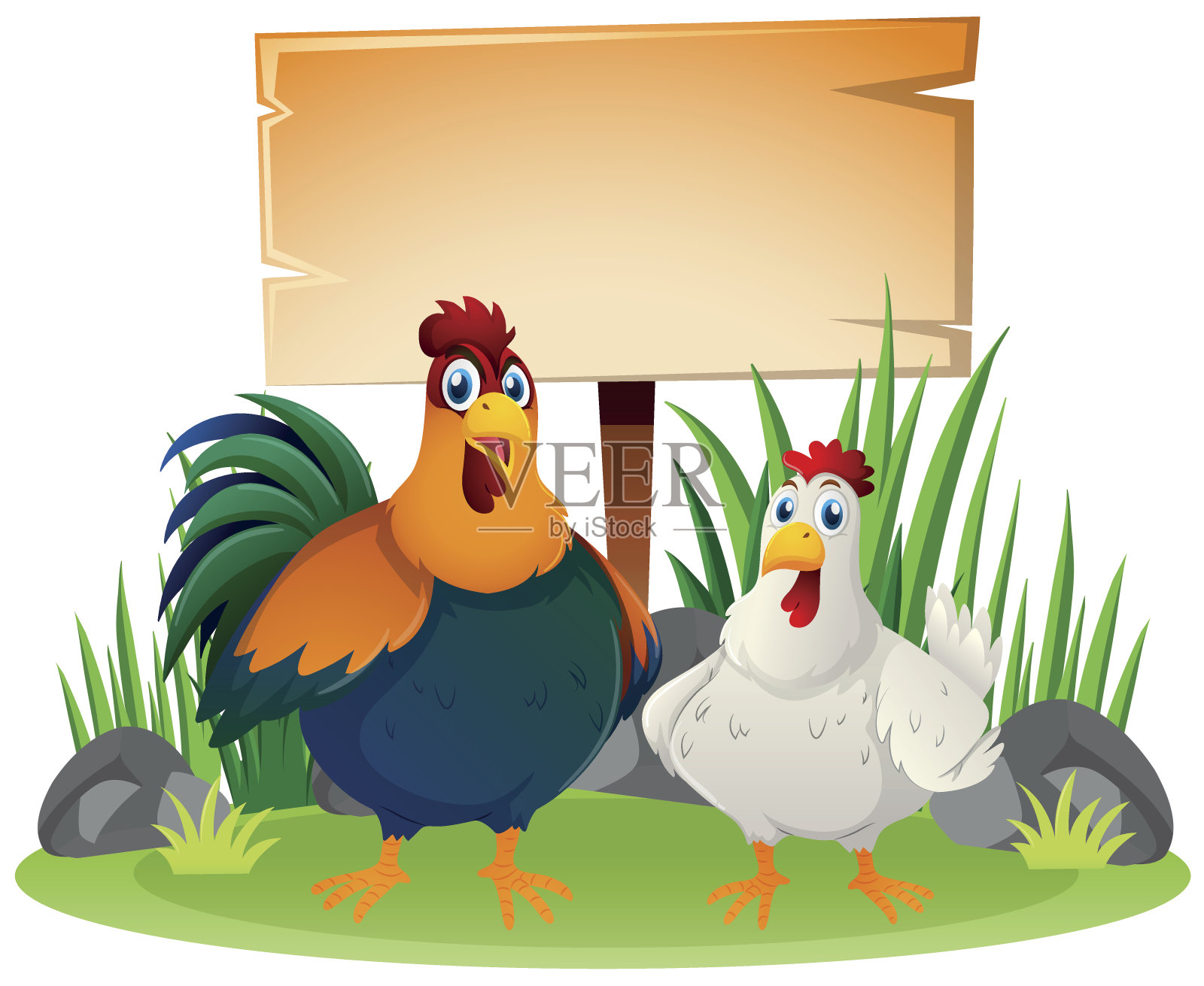木制标志和两只鸡插画图片素材