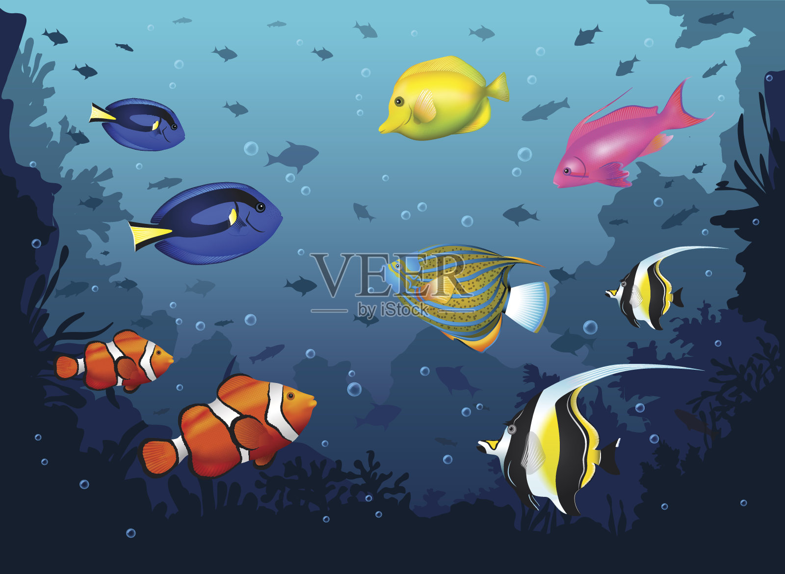 水下深海背景与热带鱼插画图片素材
