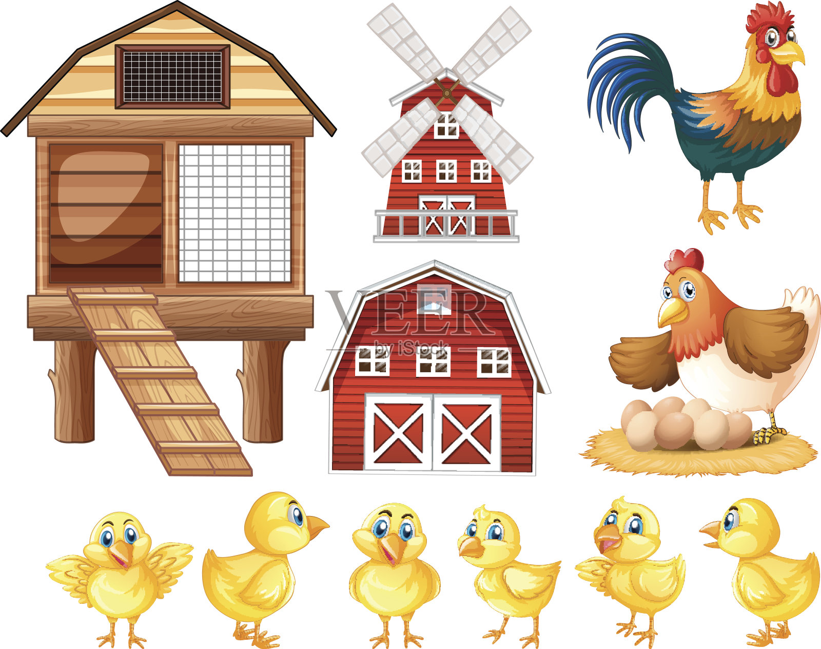 鸡和鸡笼插画图片素材