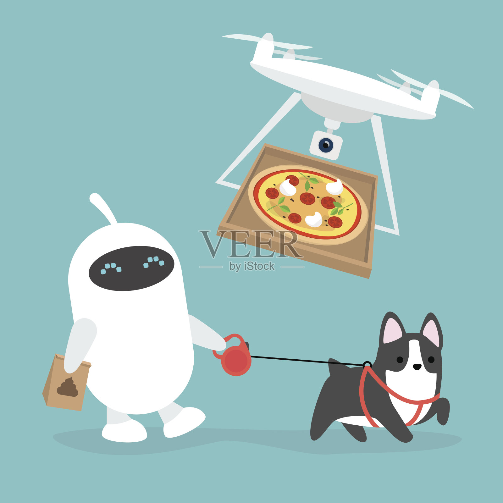 未来派服务:机器人遛狗和无人机送披萨/平面可编辑矢量插图，剪贴画插画图片素材