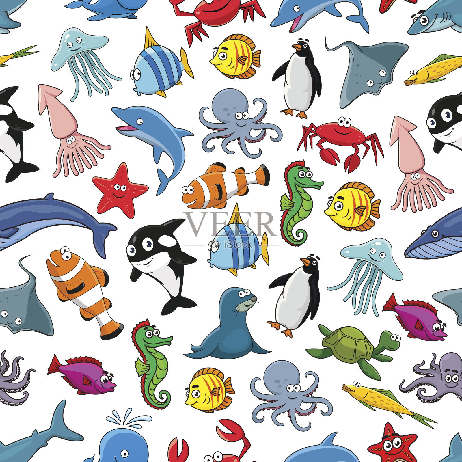 海洋鱼类动物卡通矢量无缝图案插画图片素材