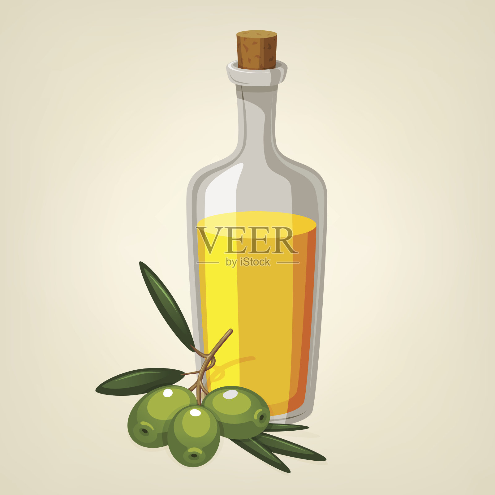 矢量瓶橄榄油与绿色橄榄树枝。卡通风格的图标。餐厅菜单说明。插画图片素材