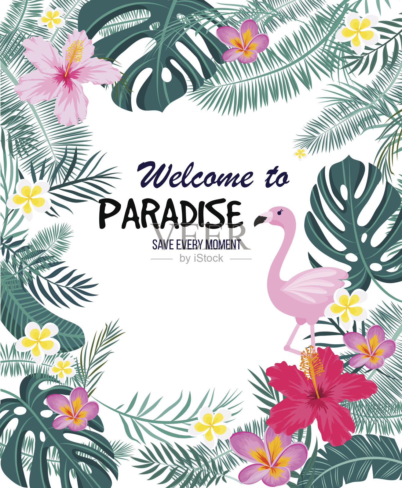 一张印有棕榈叶、火烈鸟和奇异花朵的热带卡片。向量插画图片素材