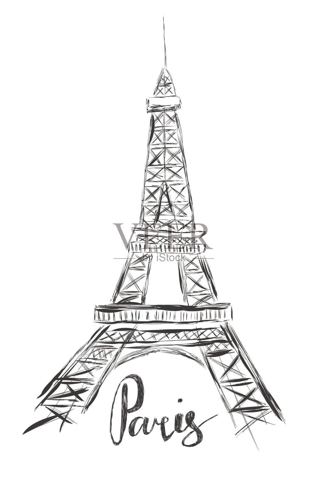 白色背景上的埃菲尔铁塔素描插图和手写字巴黎设计元素图片