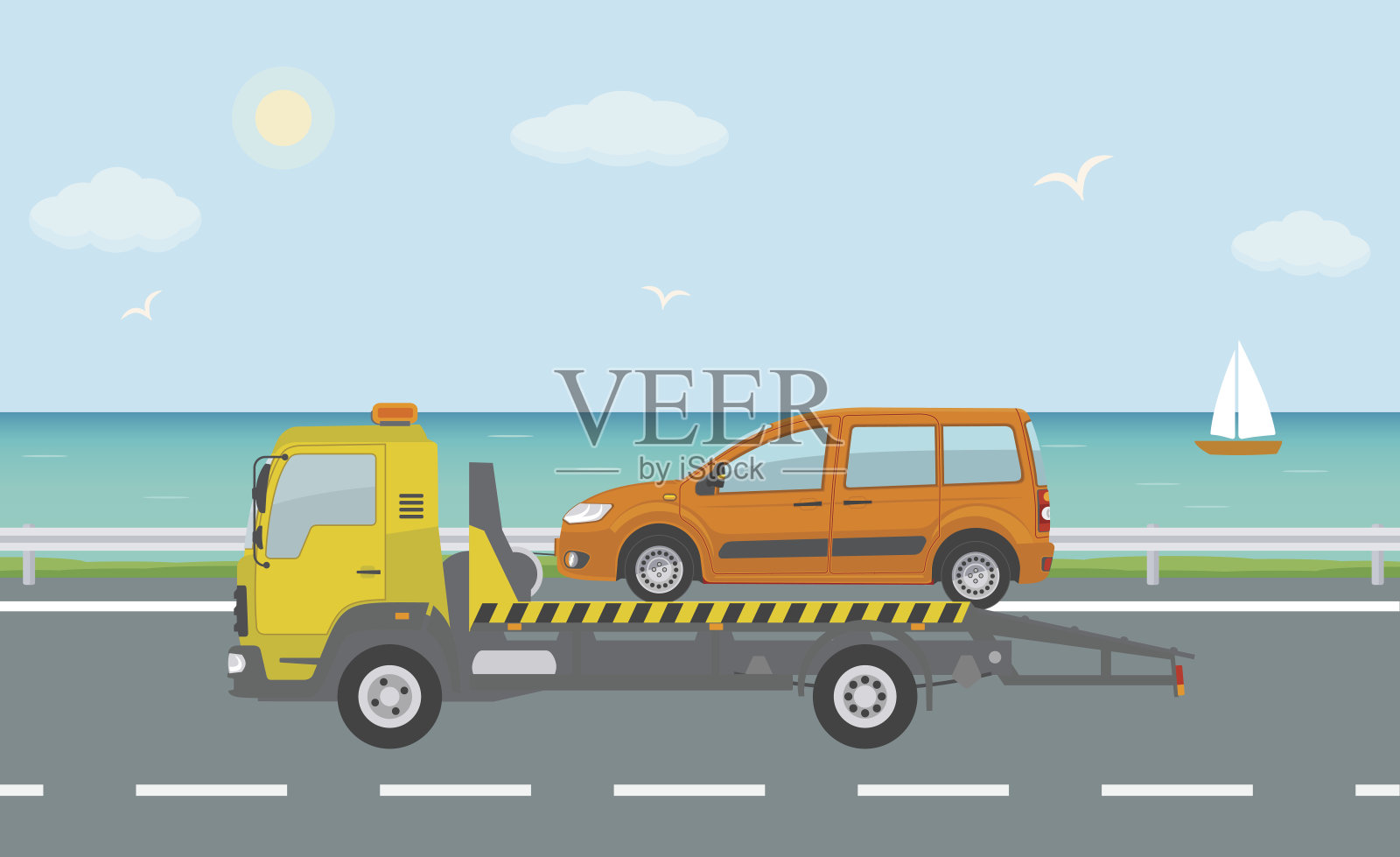 橙色的车在拖车上，在海边的路上。设计元素图片