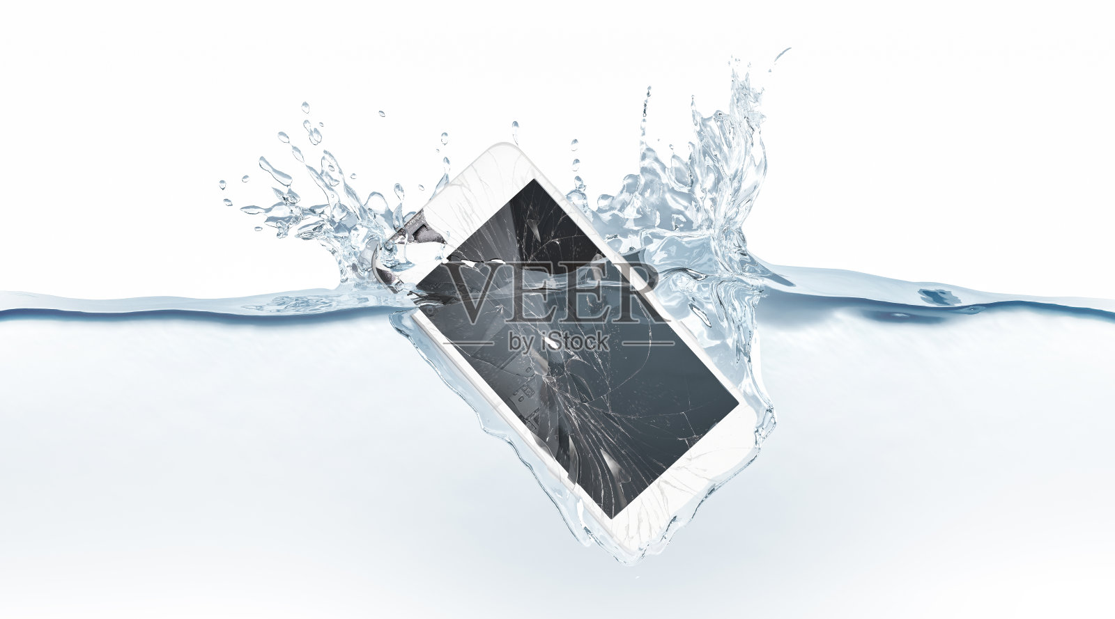 白色破碎的智能手机模型在水中下沉照片摄影图片