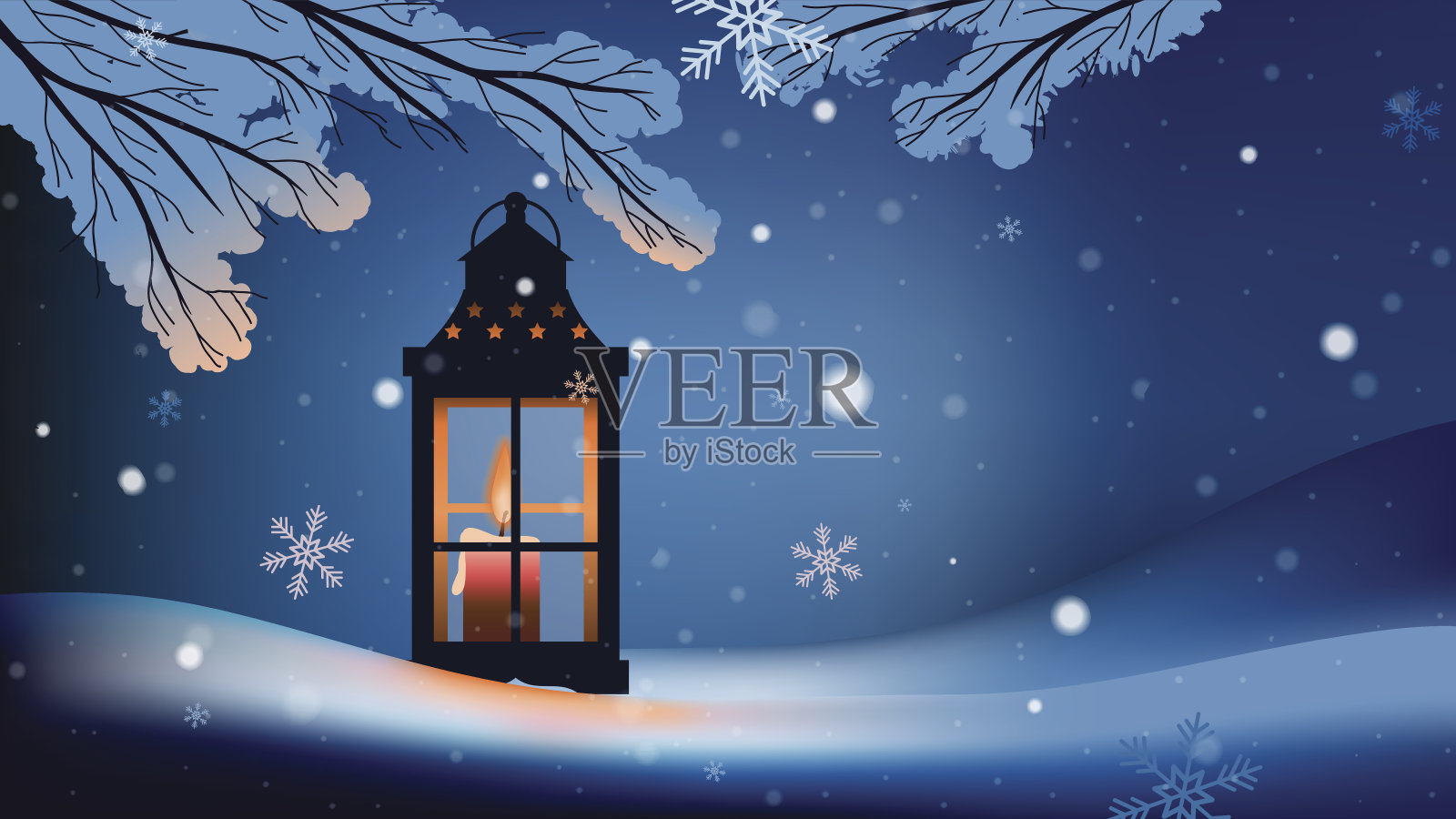 圣诞灯笼与雪在夜晚的背景插画图片素材