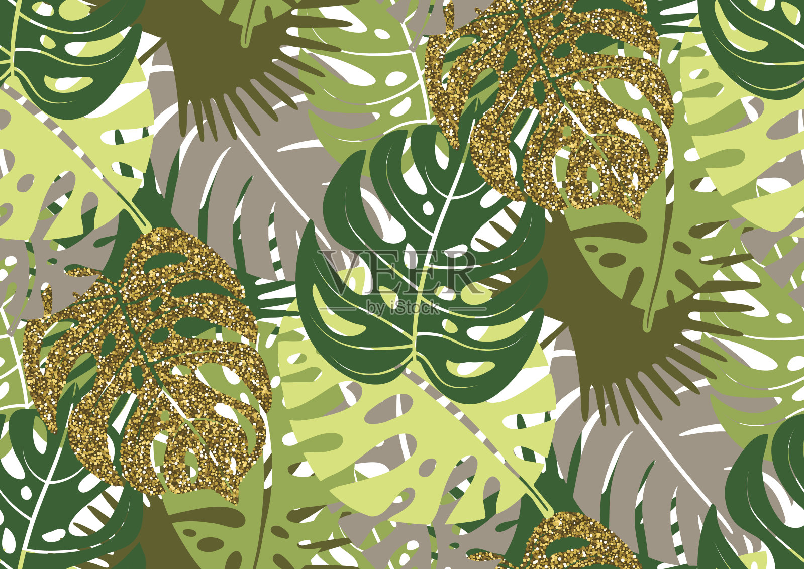 无缝模式与时尚的热带夏季主题，异国情调的叶子和植物。插画图片素材