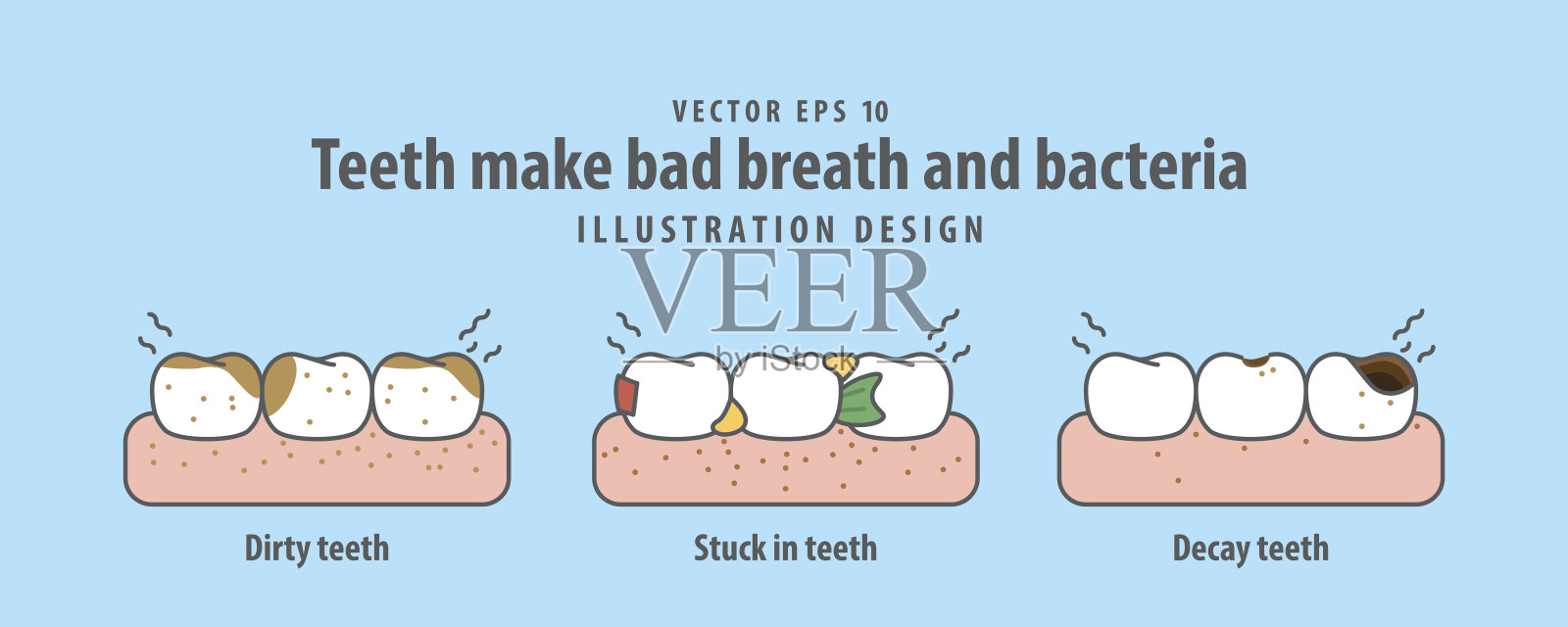 牙齿使口气和细菌插图矢量在蓝色的背景。牙科的概念。插画图片素材