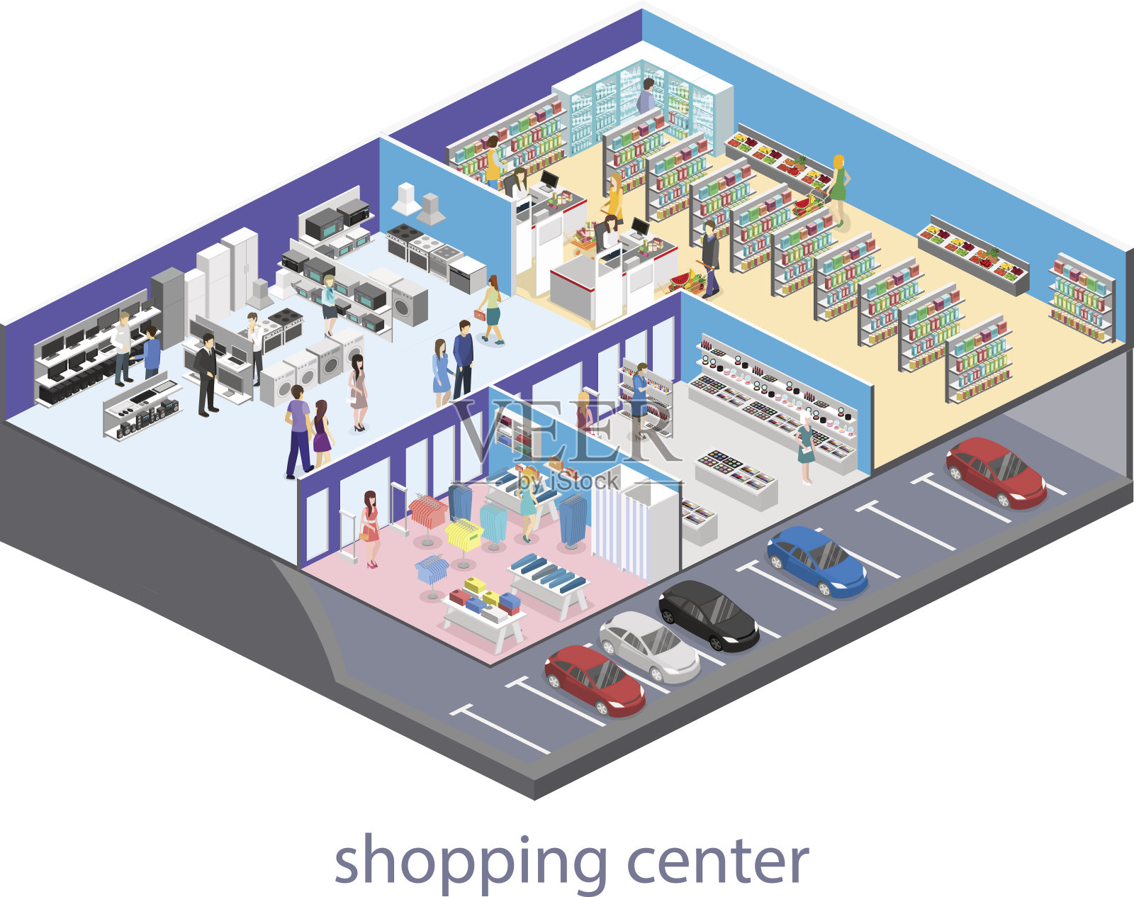室内等距购物中心、杂货店、电脑、家居、设备商店。插画图片素材
