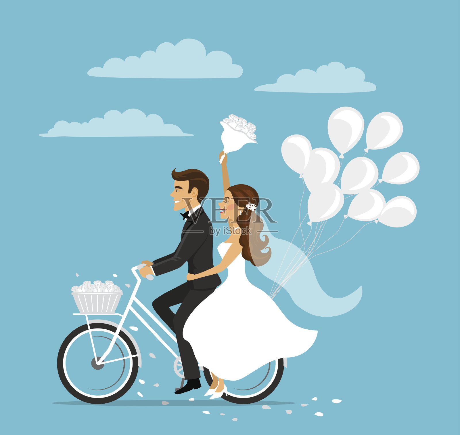 刚刚结婚的新婚夫妇和新郎骑着气球自行车插画图片素材