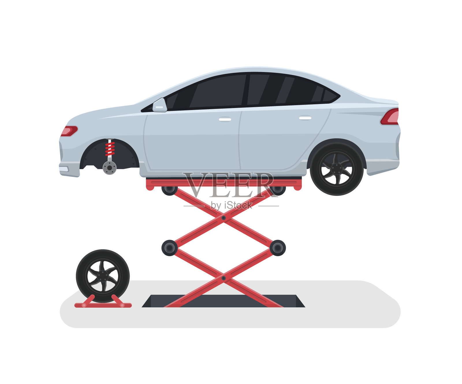 换一辆汽车的轮子。轮胎修理升降机。矢量插图。插画图片素材