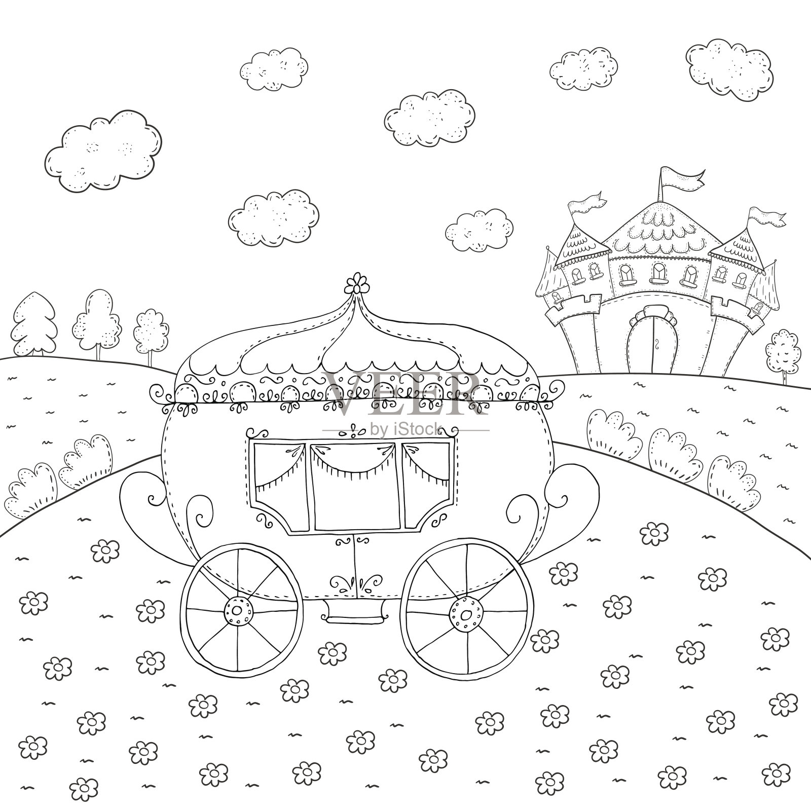 为孩子们设计的彩色书童话马车和魔法城堡。插画图片素材