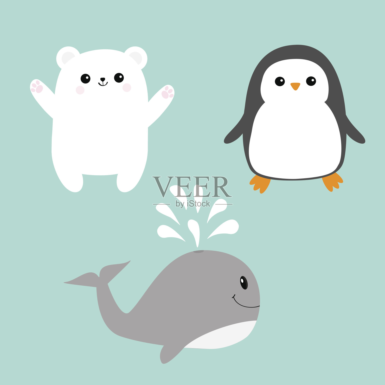 北极极地动物图标集。白熊，企鹅鸟，鲸鱼。孩子教育的卡片。可爱的卡通人物。蓝色背景孤立。平面设计。插画图片素材
