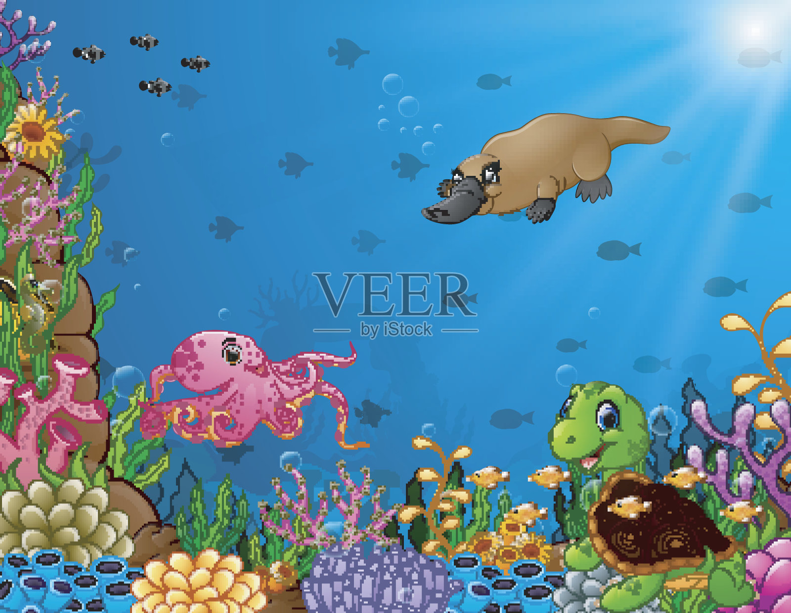 卡通热带动物与美丽的水下世界插画图片素材