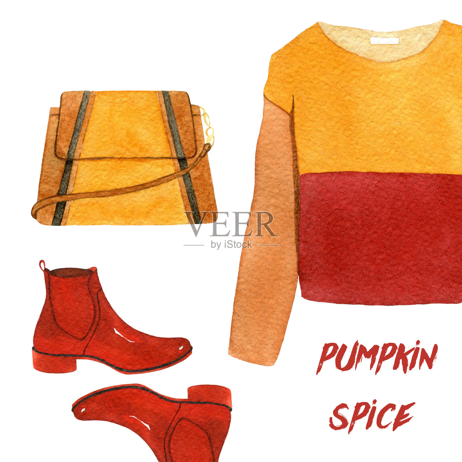 水彩时装插图。一套时尚的秋季配件和丁香。南瓜香料，运动衫，鞋子和手提包。插画图片素材