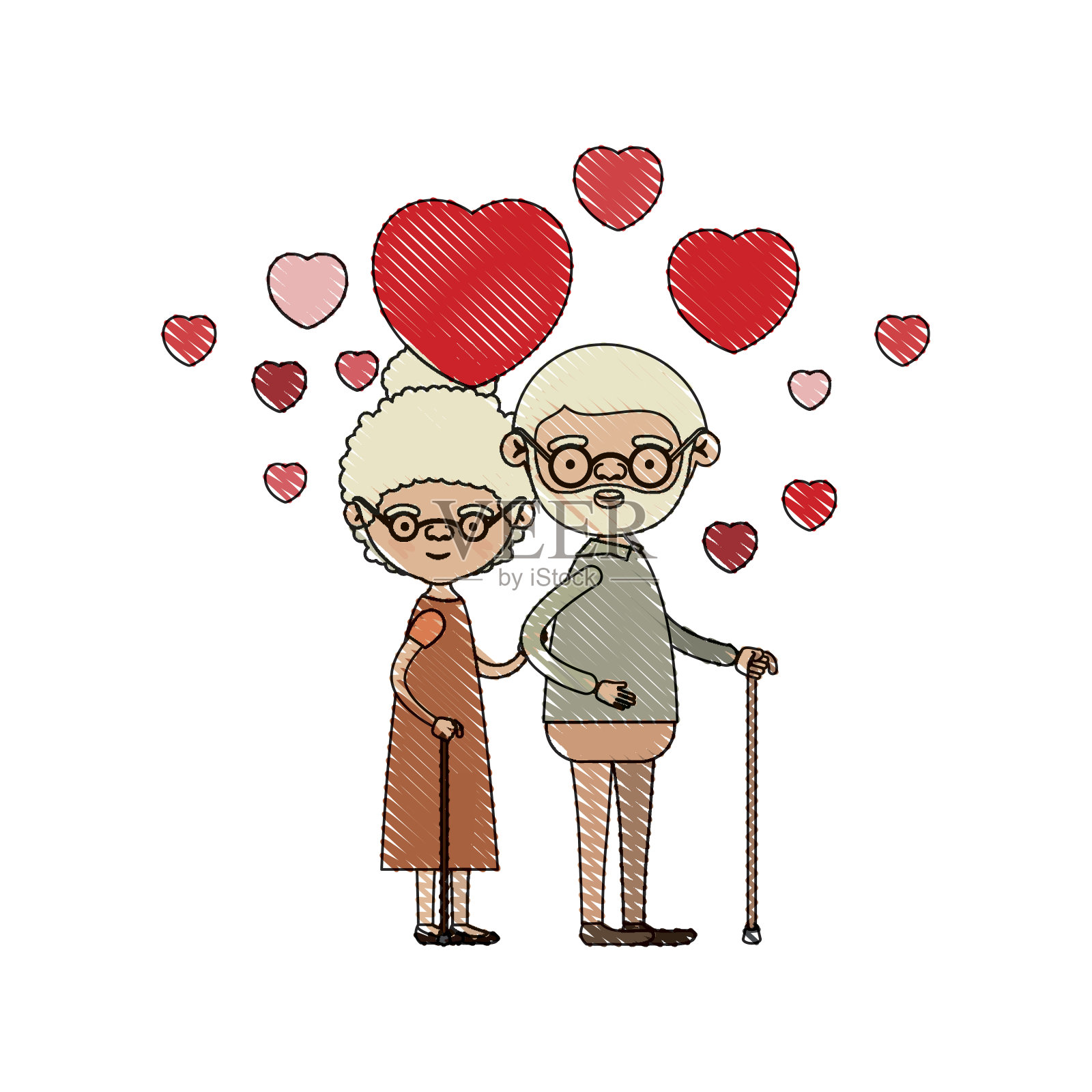 彩色蜡笔剪影漫画全身老人夫妇与浮动的心拥抱在拐杖的祖父和收集头发的祖母插画图片素材