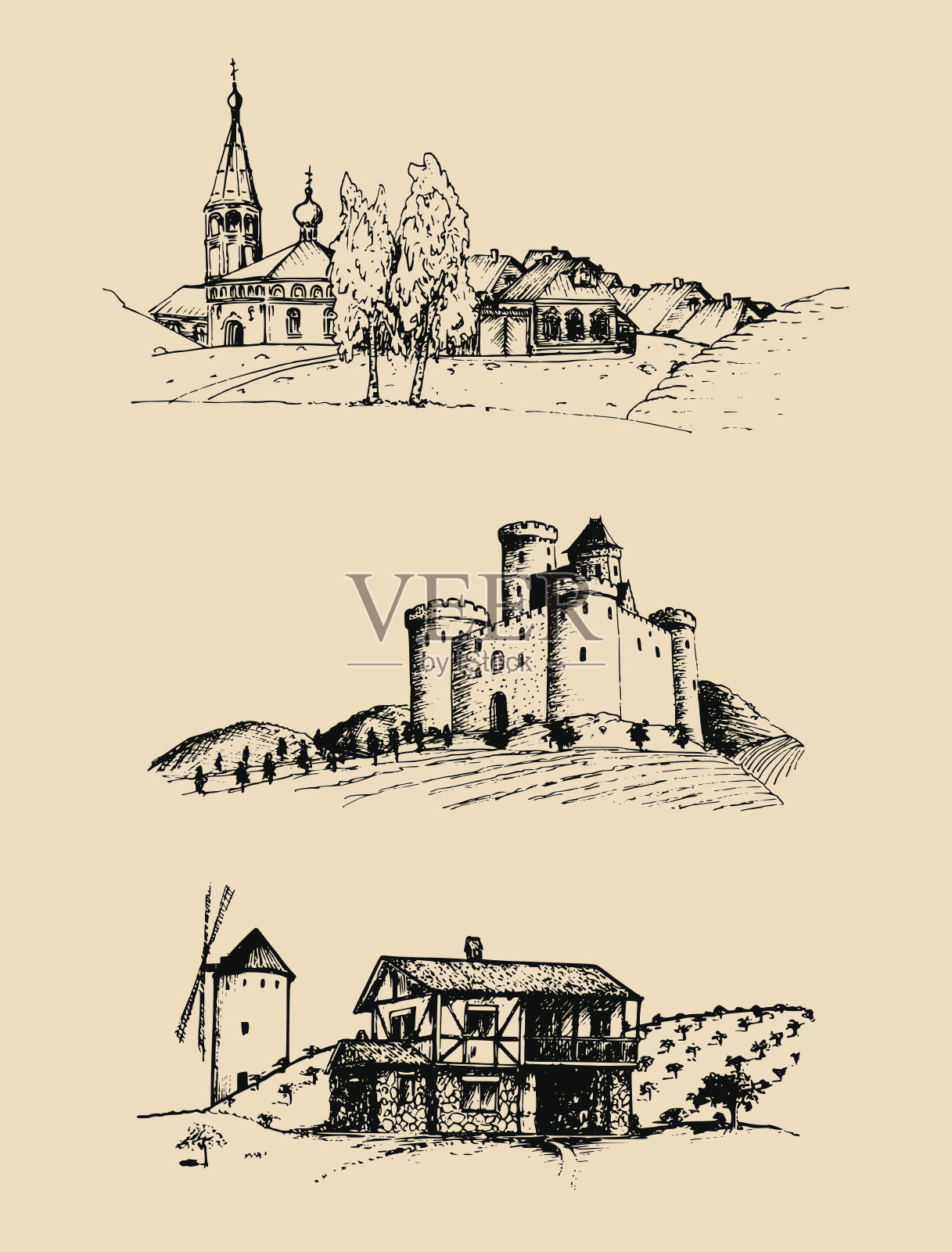 矢量农场景观插图设置。城堡的草图，田野和山丘上的宅基地。俄罗斯的农村。插画图片素材