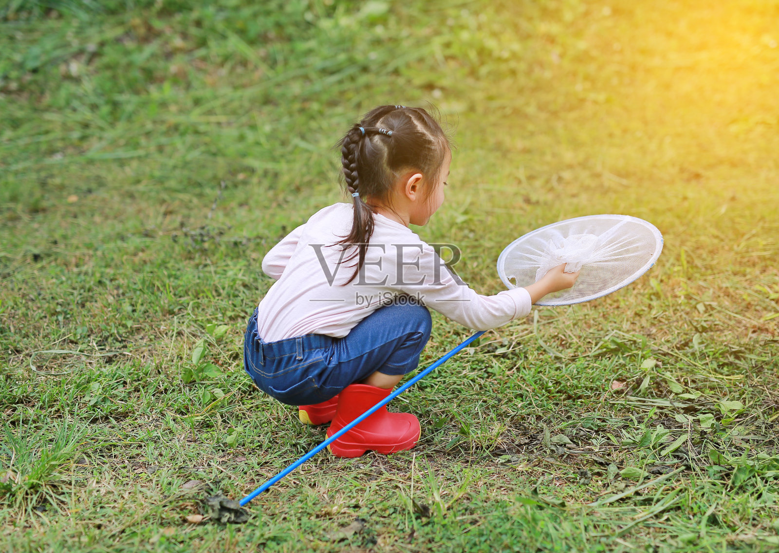 快乐的亚洲小女孩在田野里玩在夏天的昆虫网。照片摄影图片