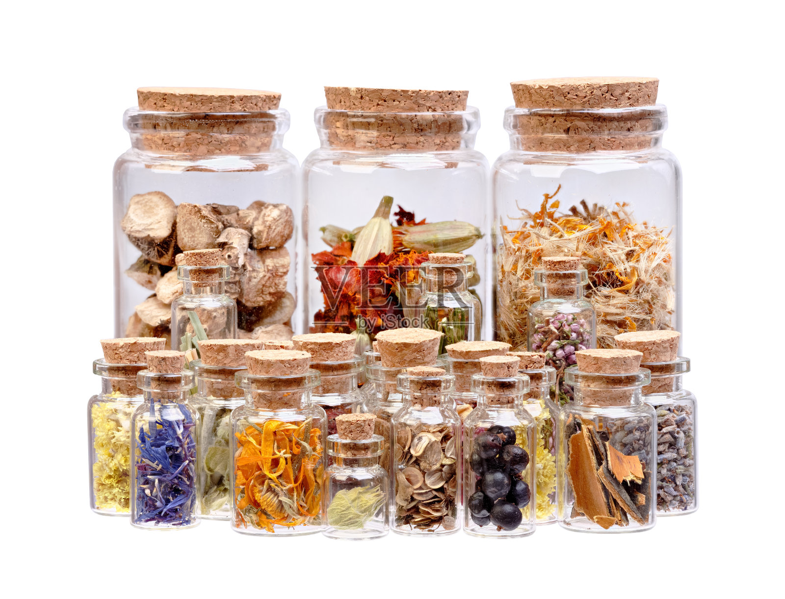 草药茶，干药草，花和浆果在玻璃瓶照片摄影图片