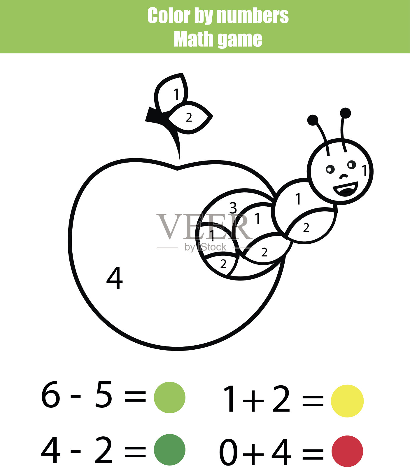 颜色的数字。数学游戏。毛虫涂色页插画图片素材