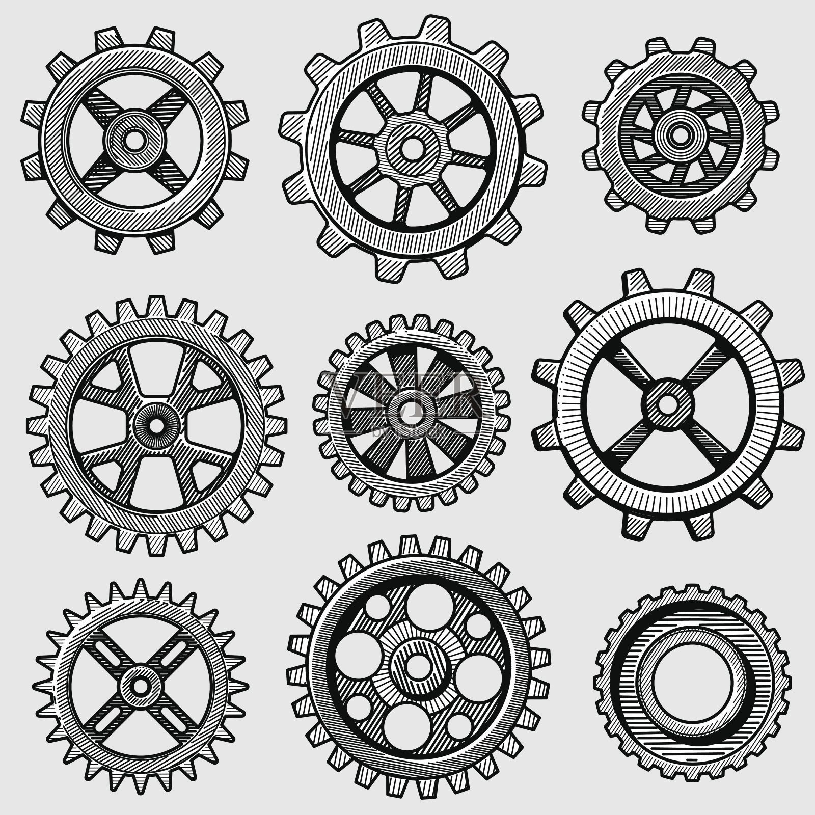 复古素描机械齿轮。手绘老式齿轮零件的工厂机器矢量插图插画图片素材