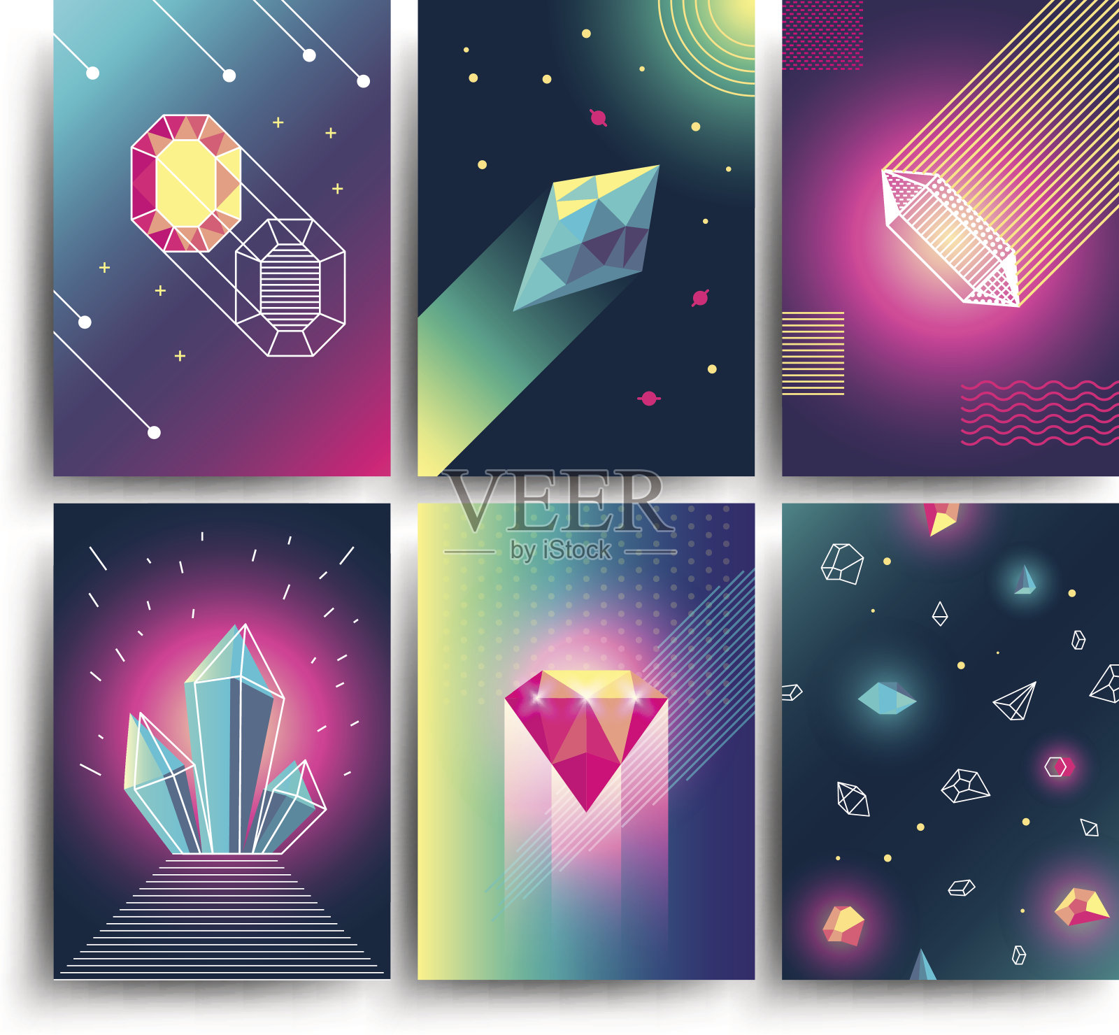 抽象时尚的矢量宇宙海报与水晶宝石和金字塔几何形状。80年代风格的霓虹星系背景插画图片素材