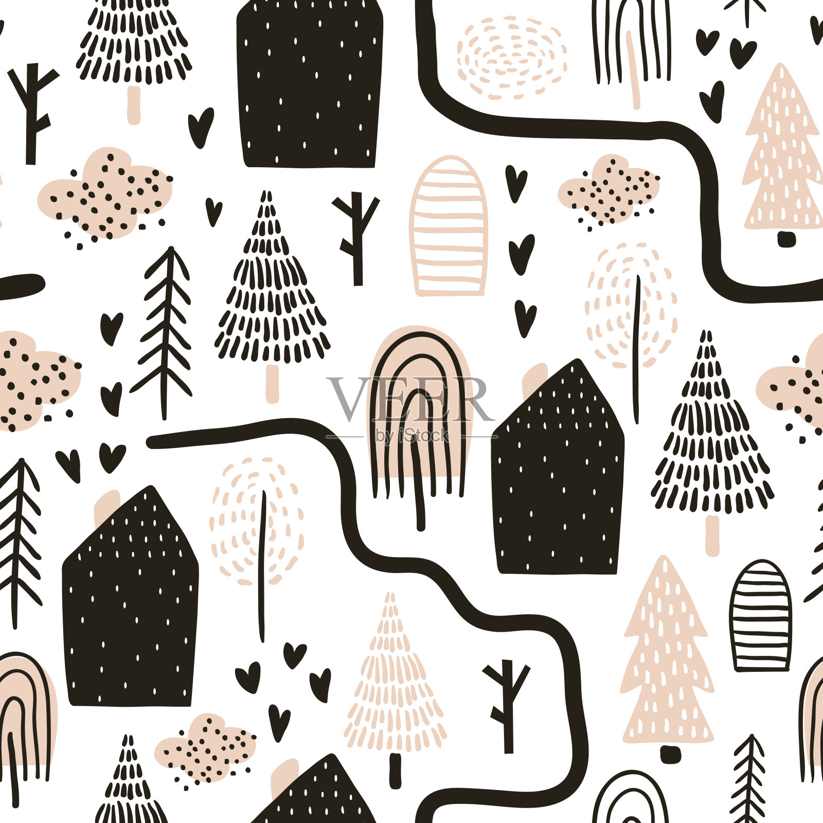 树木、房屋的无缝图案。森林的背景。用于织物、纺织品的幼稚纹理。矢量图插画图片素材